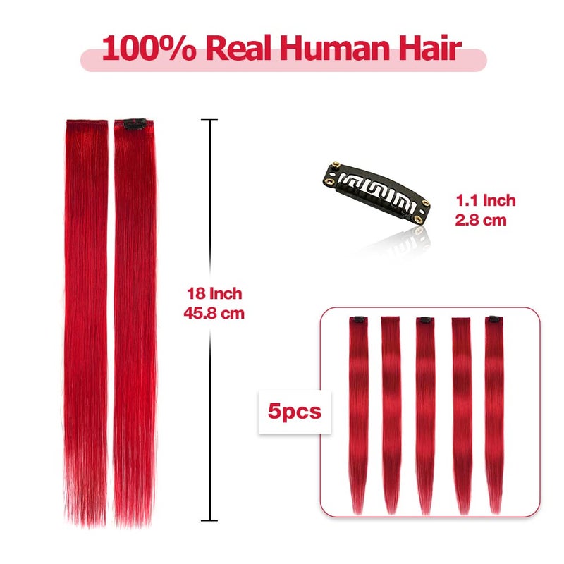 Winsky Red Hair Extensions Clip in Human Hair - 100% Straight Party Highlights Clip on Colored Hair Extensions 5 Pieces/Set (18inch,Red) - Image 3